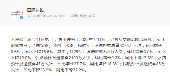 元旦假期首日全国预计发送旅客总量3073万人次